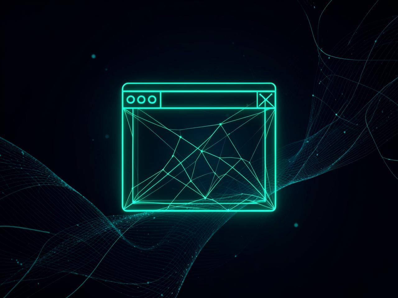 Abstract mint wireframe of a browser window over flowing data curves